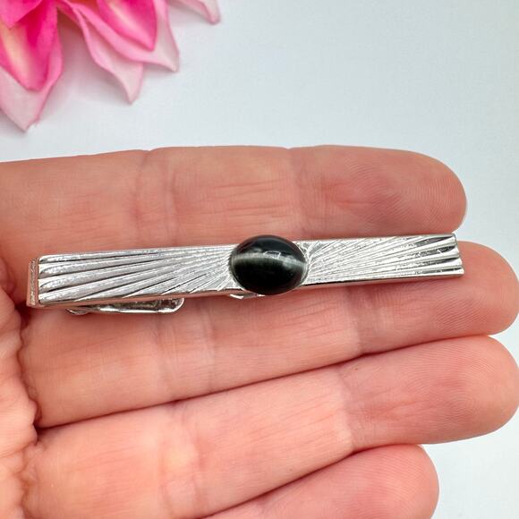 Vintage Swank Gray Tiger’s Eye Cufflink Tie Bar Set Silver Tone Dapper Formal - Picture 8 of 16